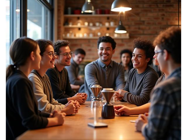 Students gathered around a coffee brewing station in a cozy, well-lit workshop.