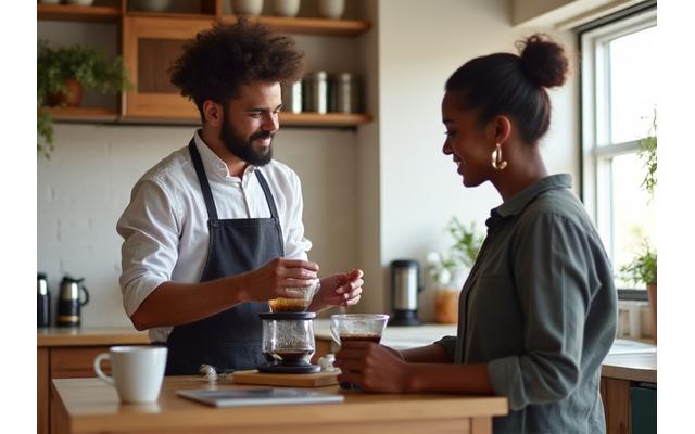 A coffee expert demonstrating home brewing techniques to an individual in a modern kitchen setting.